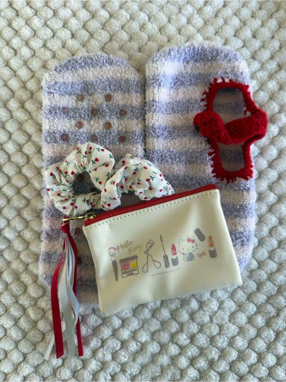 Hello Kitty Cream Pouch, Cherry Scrunchie, Cozy Sock-Slippers